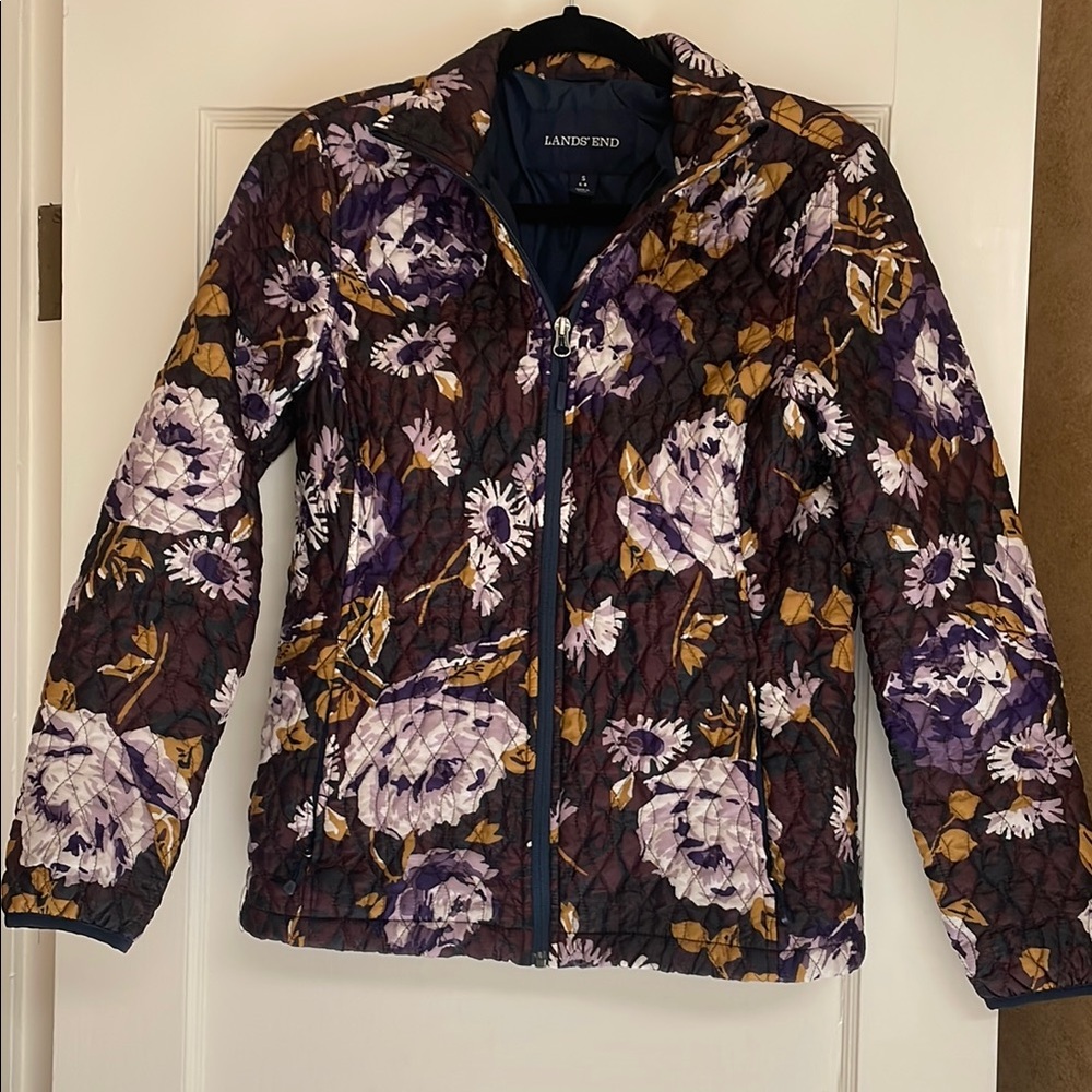 Lands' End Purple and White Puffer Jacket Floral Design